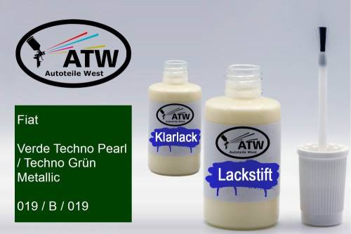 Fiat, Verde Techno Pearl / Techno Grün Metallic, 019 / B / 019: 20ml Lackstift + 20ml Klarlack - Set, von ATW Autoteile West.